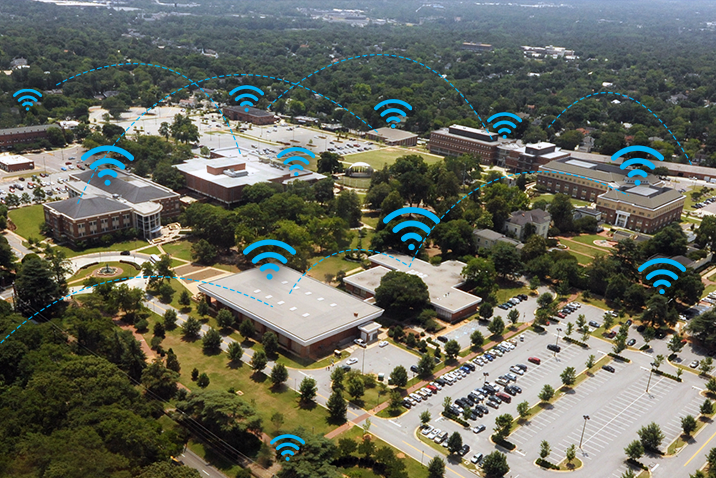 Aerial view of the summerville campus with wifi symbols all over it to indicate improved wireless connectivitity